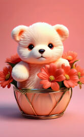 a dog in a bowl of flowers