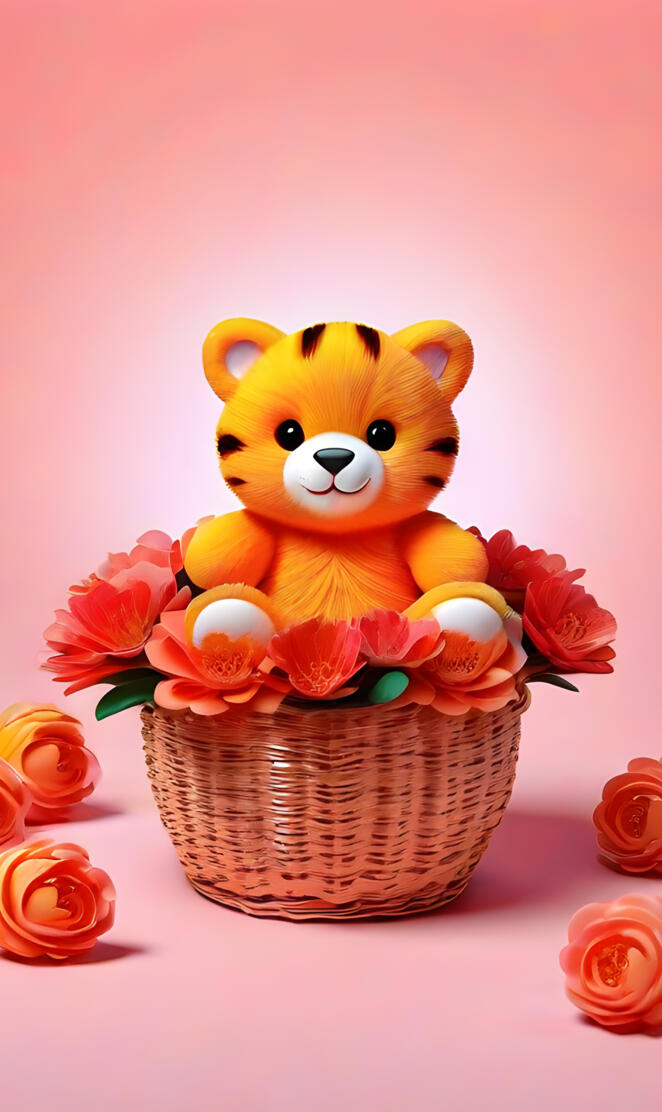 a stuffed bear in a basket of flowers