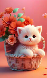 a cat in a basket with flowers