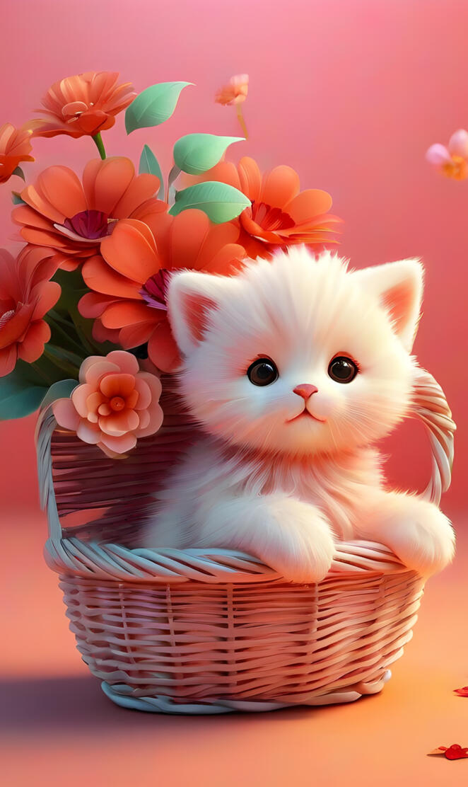 a cat in a basket with flowers