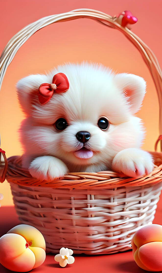 a small white dog in a basket