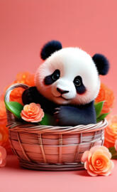 a stuffed panda in a basket of flowers