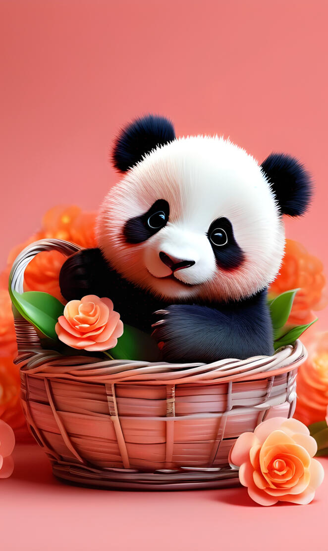 a stuffed panda in a basket of flowers