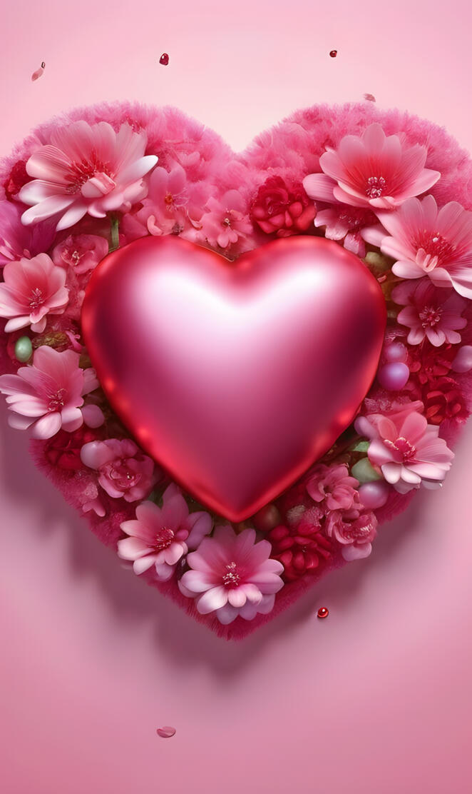 a pink heart shaped cake with pink flowers on top