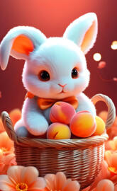 a small pink and white bunny in a basket