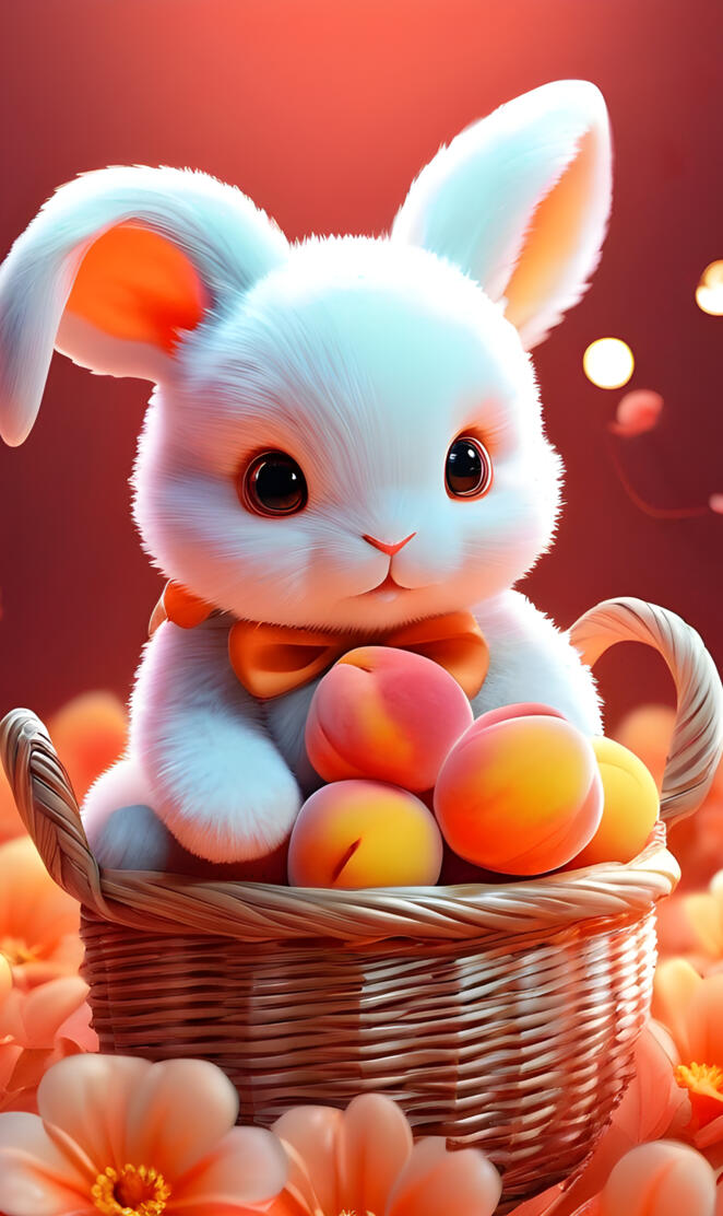 a small pink and white bunny in a basket