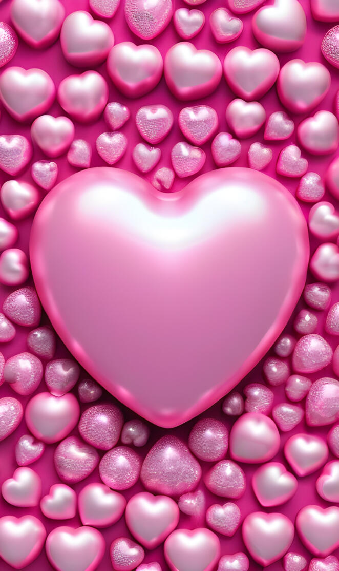 a pink heart shaped object surrounded by red balls