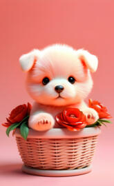 a dog in a basket of flowers