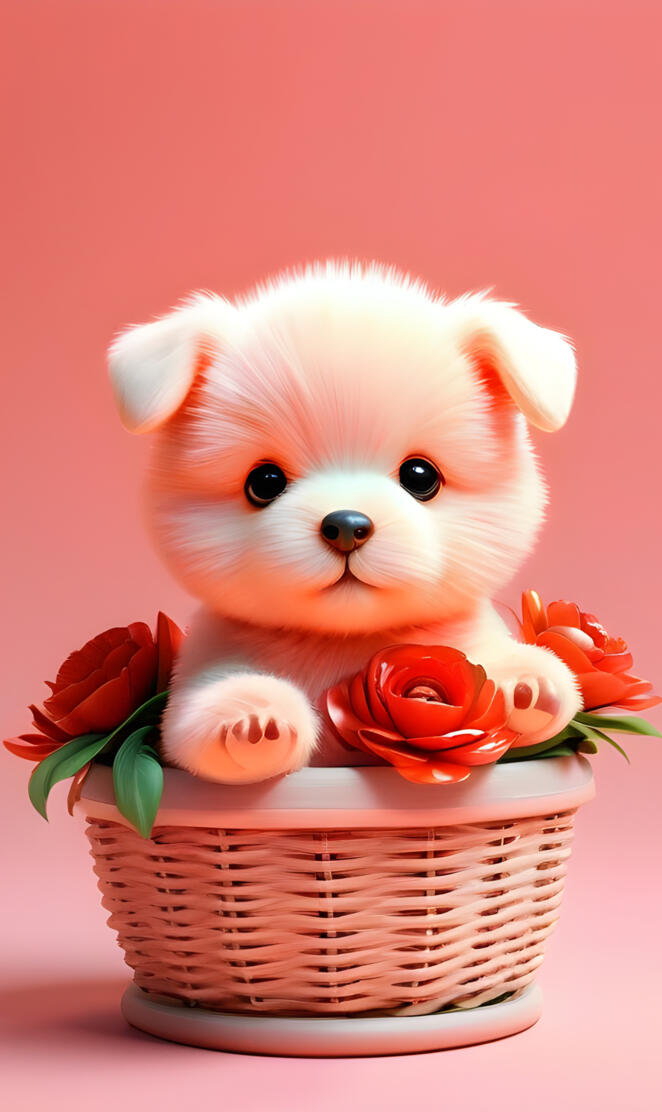 a dog in a basket of flowers