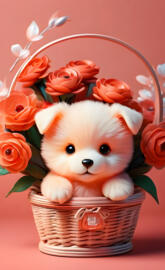 a dog in a basket of flowers