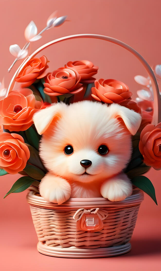 a dog in a basket of flowers