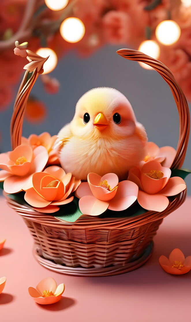 a small yellow duck in a basket