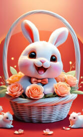 a basket with a cartoon rabbit in it