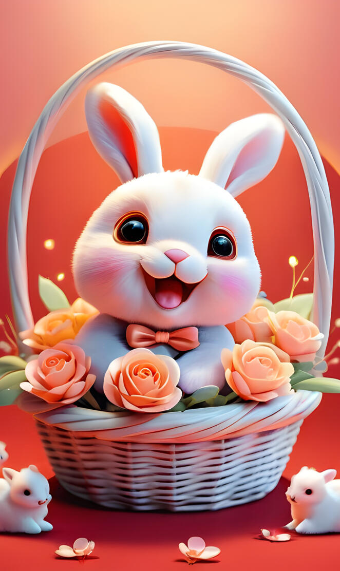 a basket with a cartoon rabbit in it