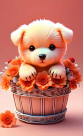 a dog in a basket of flowers