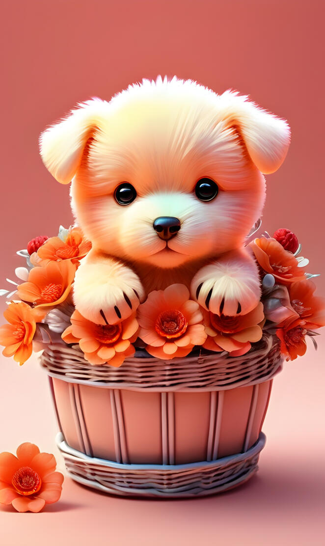 a dog in a basket of flowers