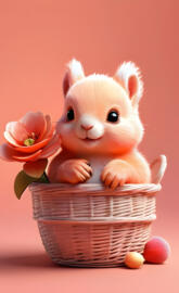 a small white bunny in a basket with flowers