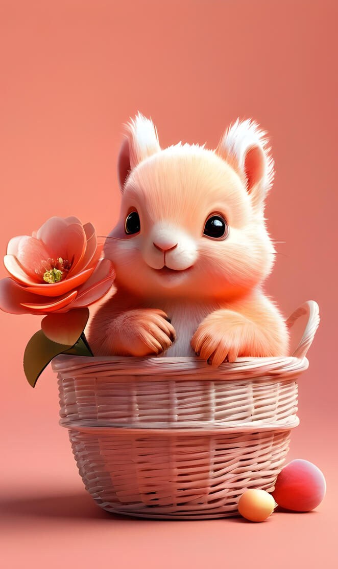 a small white bunny in a basket with flowers