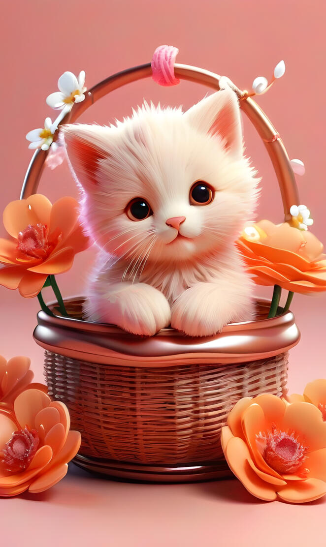 a cat in a basket with flowers