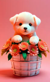 a dog in a basket of flowers