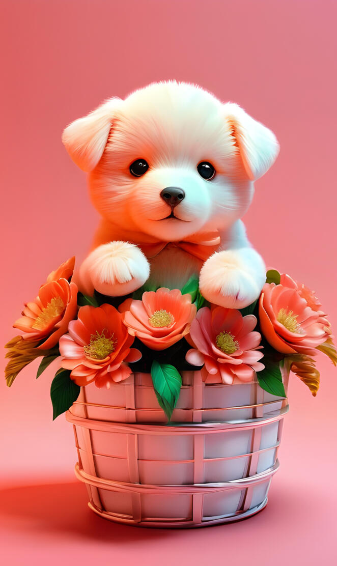 a dog in a basket of flowers
