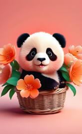 a stuffed panda in a basket of flowers