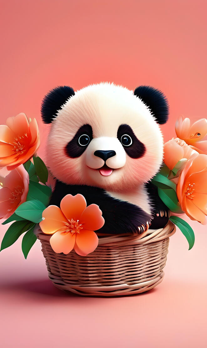 a stuffed panda in a basket of flowers