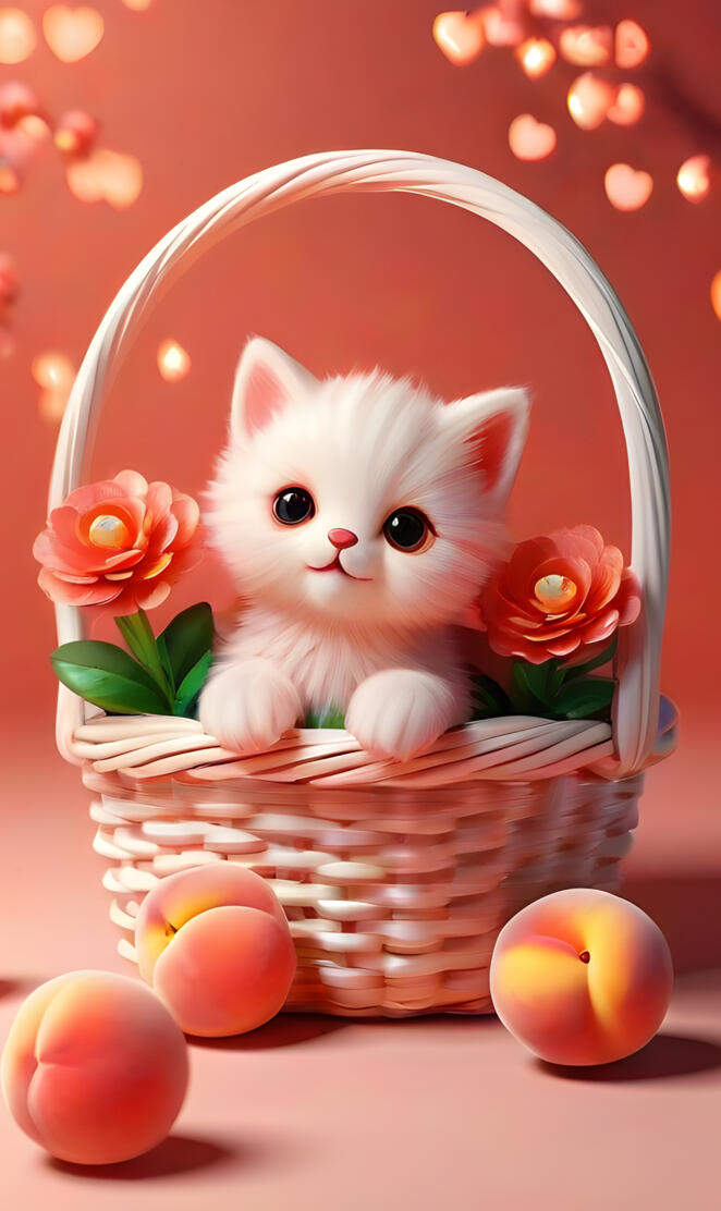 a white kitten in a basket