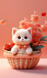 a cat in a basket of flowers