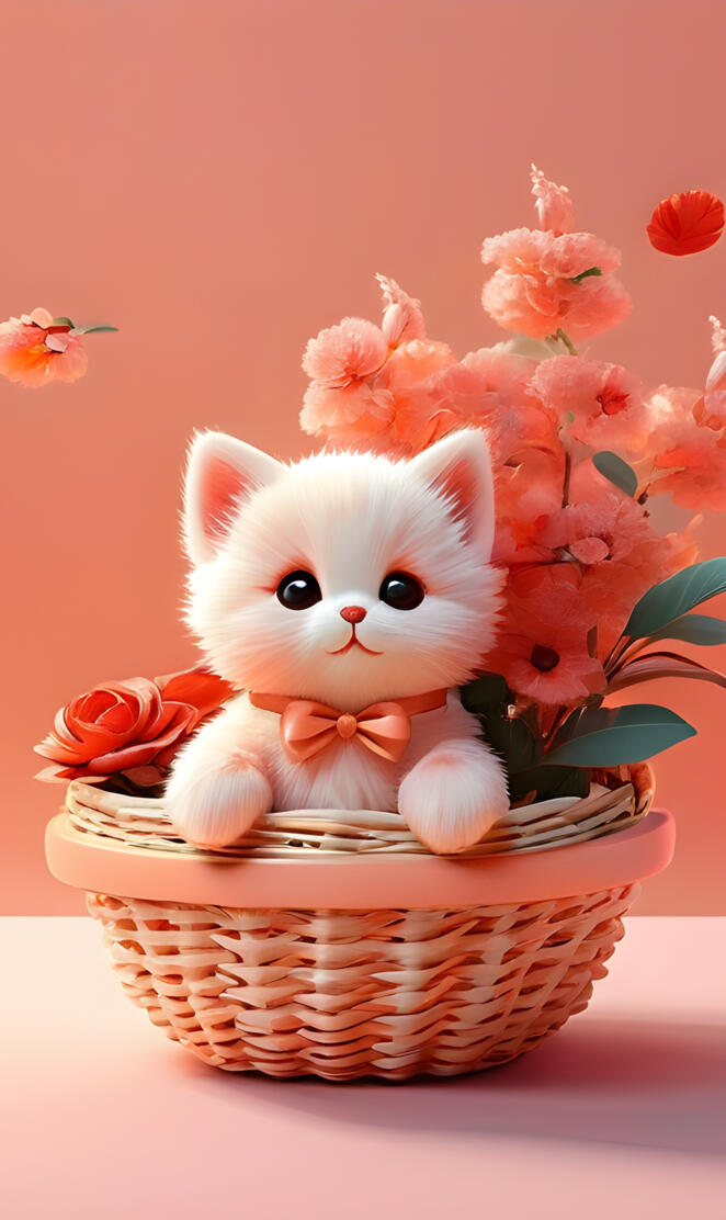 a cat in a basket of flowers