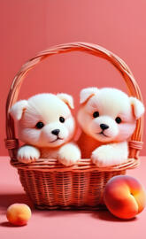 a couple of small dogs in a basket with oranges