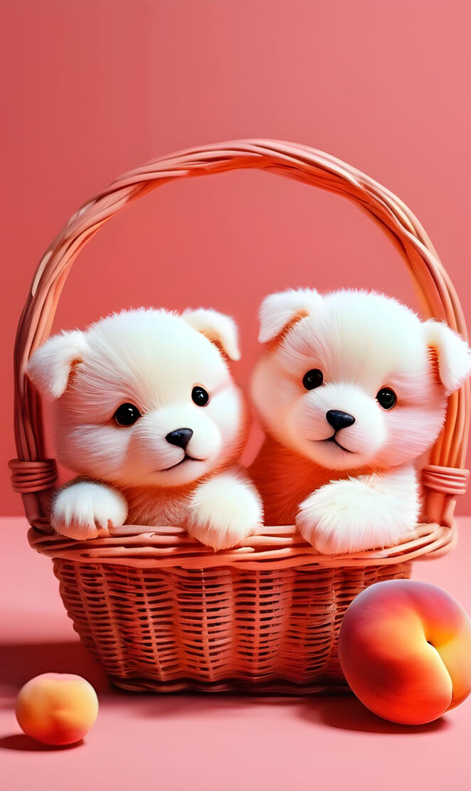 a couple of small dogs in a basket with oranges