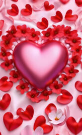 a pink heart shaped object surrounded by red flowers