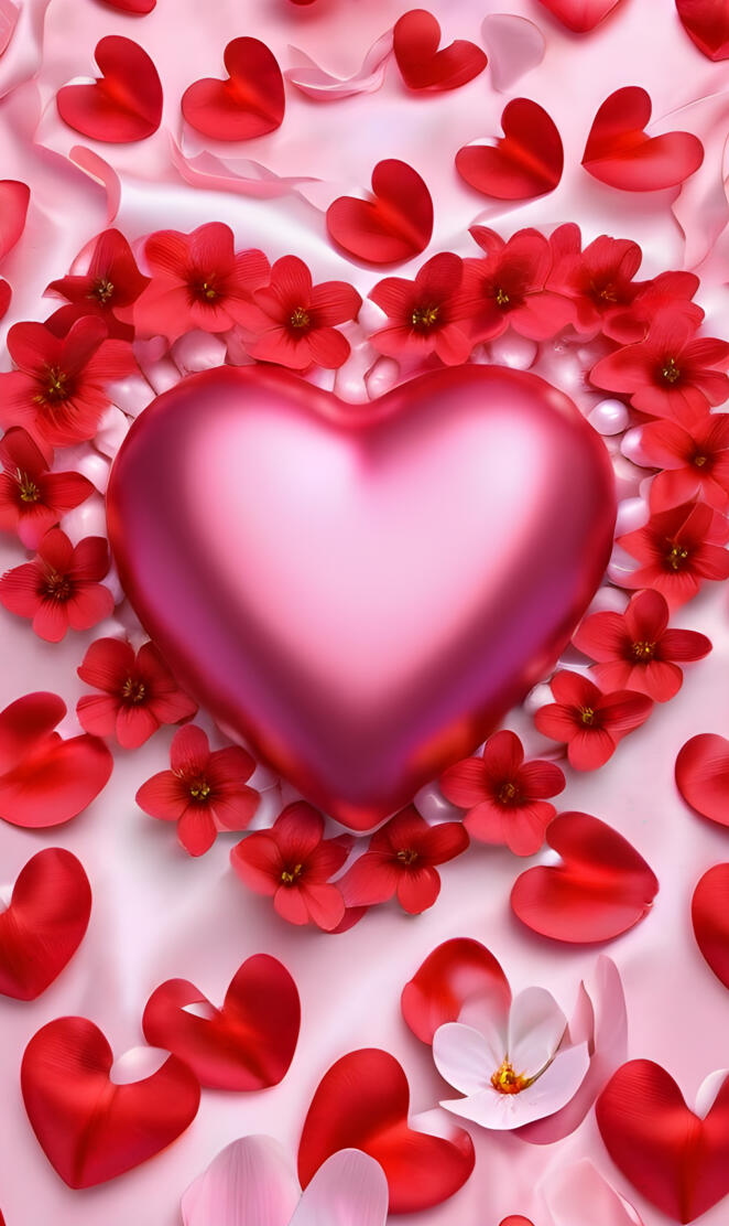 a pink heart shaped object surrounded by red flowers