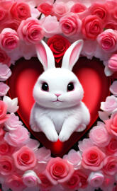 a white bunny in a bouquet of pink roses