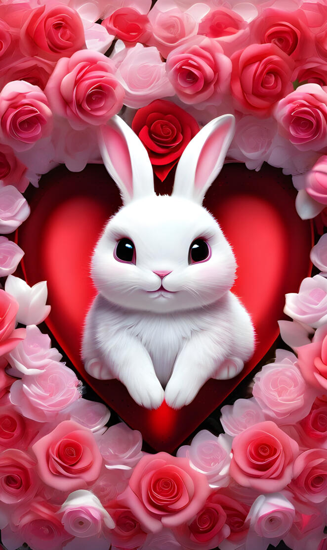 a white bunny in a bouquet of pink roses