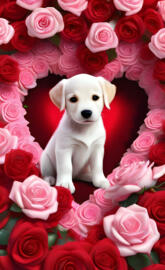 a puppy sitting in a bouquet of roses