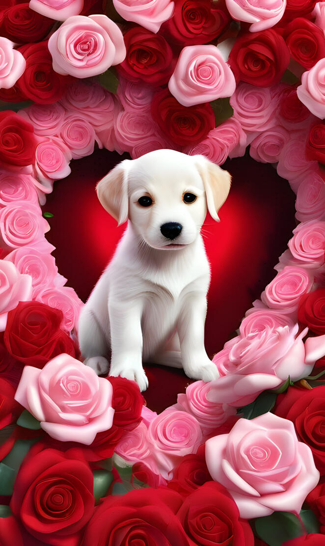 a puppy sitting in a bouquet of roses