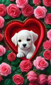 a dog lying in a bed of roses