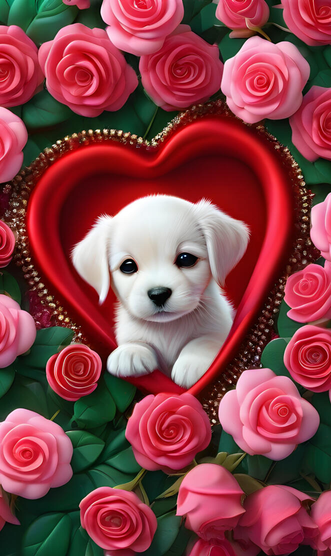 a dog lying in a bed of roses