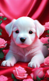 a white puppy in a bouquet of pink flowers