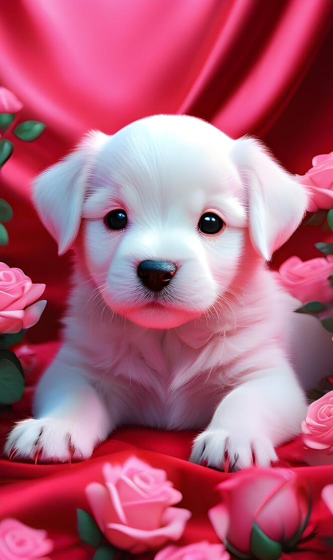 a white puppy in a bouquet of pink flowers