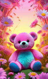 a stuffed animal in a flower bed