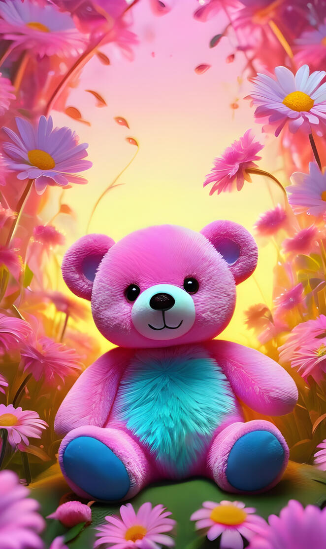 a stuffed animal in a flower bed