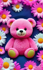 a stuffed animal in a flower bed