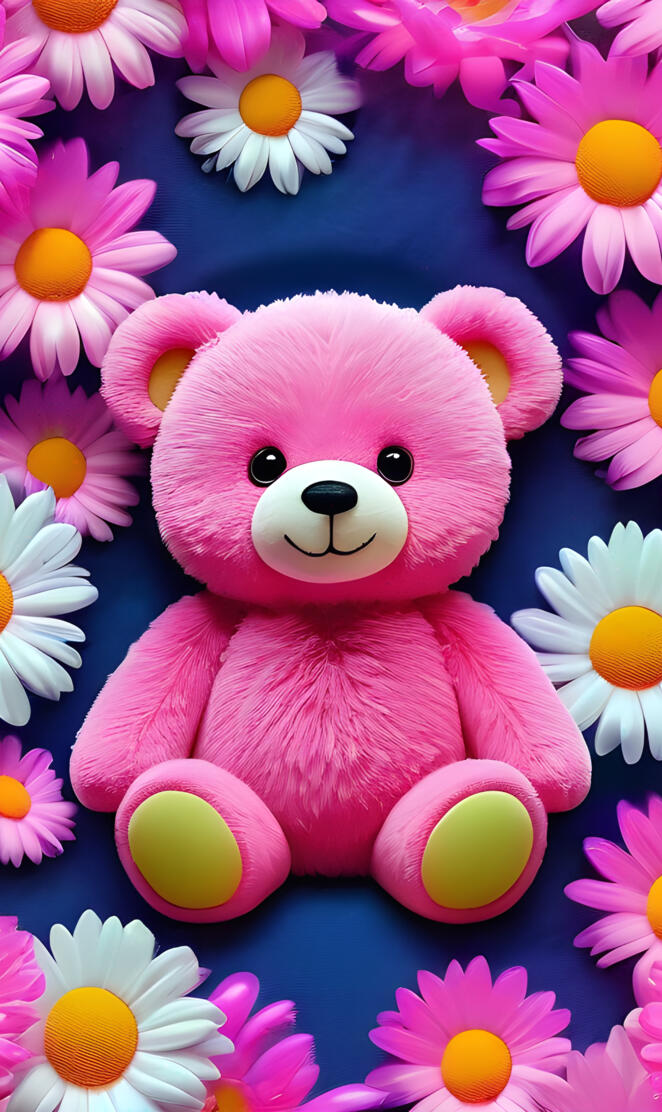 a stuffed animal in a flower bed