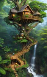 a house with a waterfall and trees around it