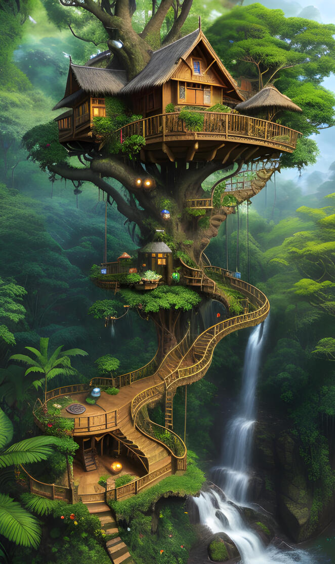 a house with a waterfall and trees around it