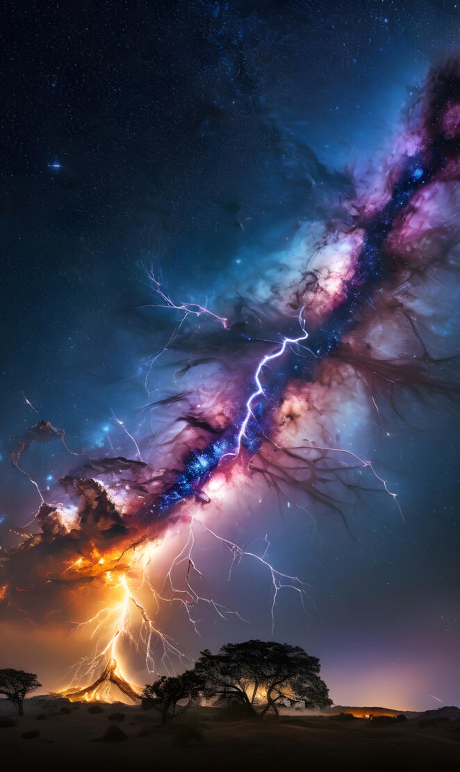 a night sky with lightning and trees