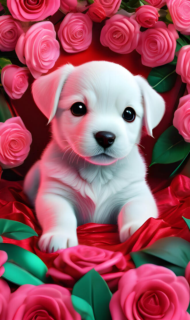 a dog in a bouquet of pink flowers